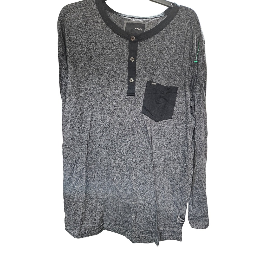 Hurley Henley Shirt Mens Long Sleeve Gray Black Pocket Casual